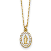 Sterling Silver Gold-plated CZ and White Enamel Miraculous Medal 15.75 inch with 2 inch extender Necklace